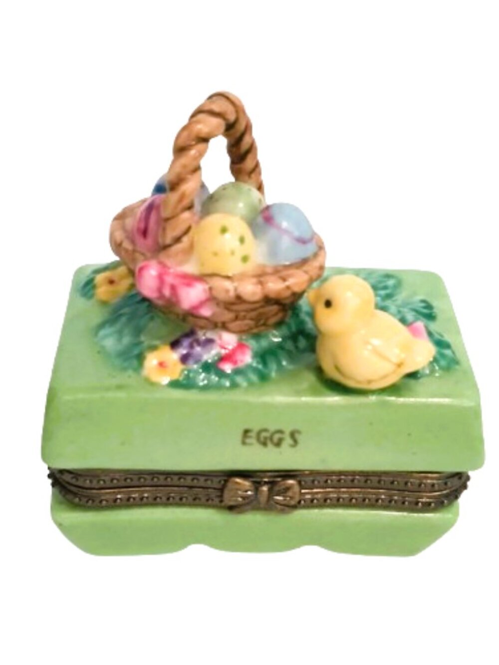 Egg Basket Chicks Hinged Trinket Box Vintage Porcelain w Removable Eggs Inside